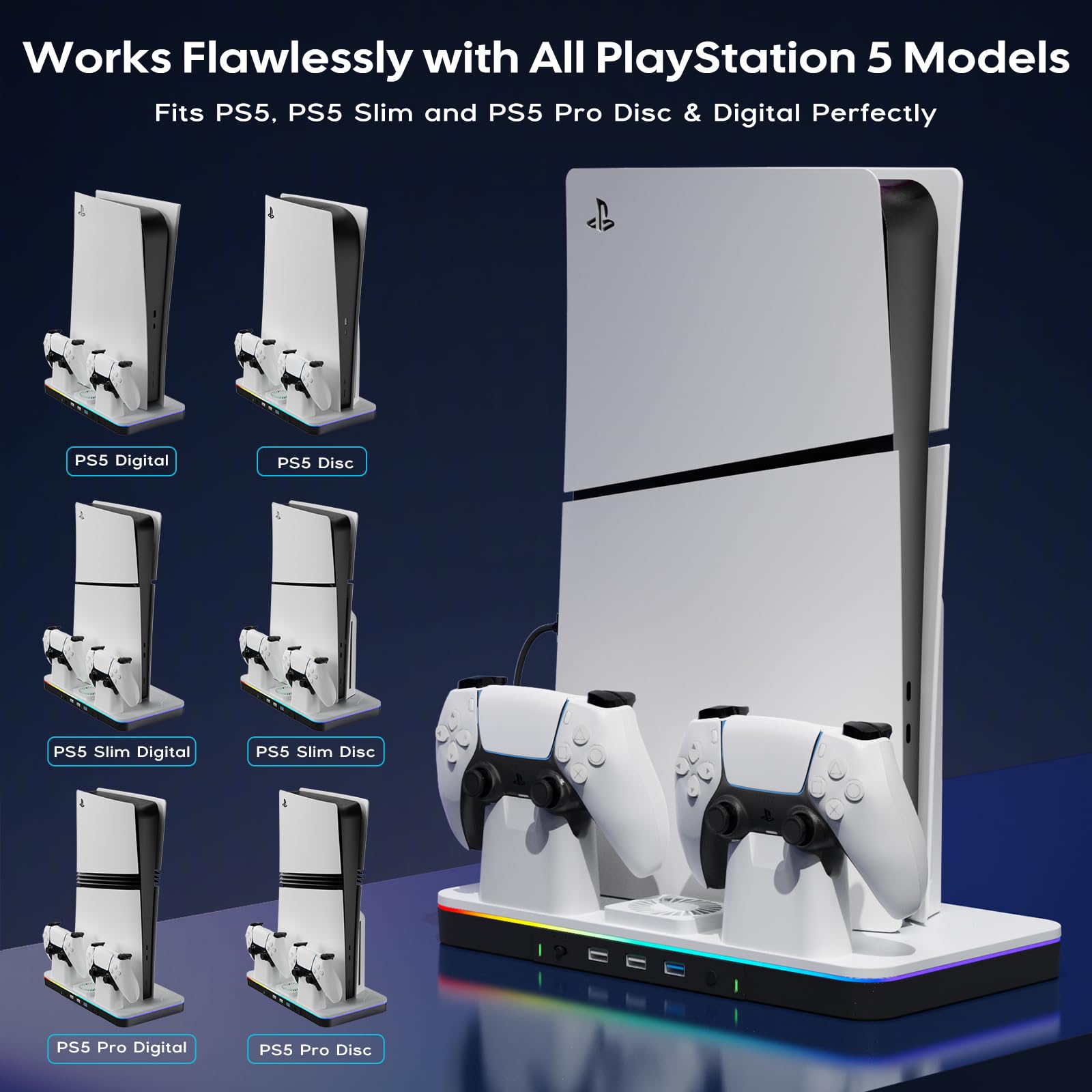 Supporto per PS5/Slim/Pro con Ventola di Raffreddamento, Ricarica Controller PS5, Base PS5 Supporto Verticale con Hub USB 3.0 per Playstation 5 Console Edizione Disco/Digital