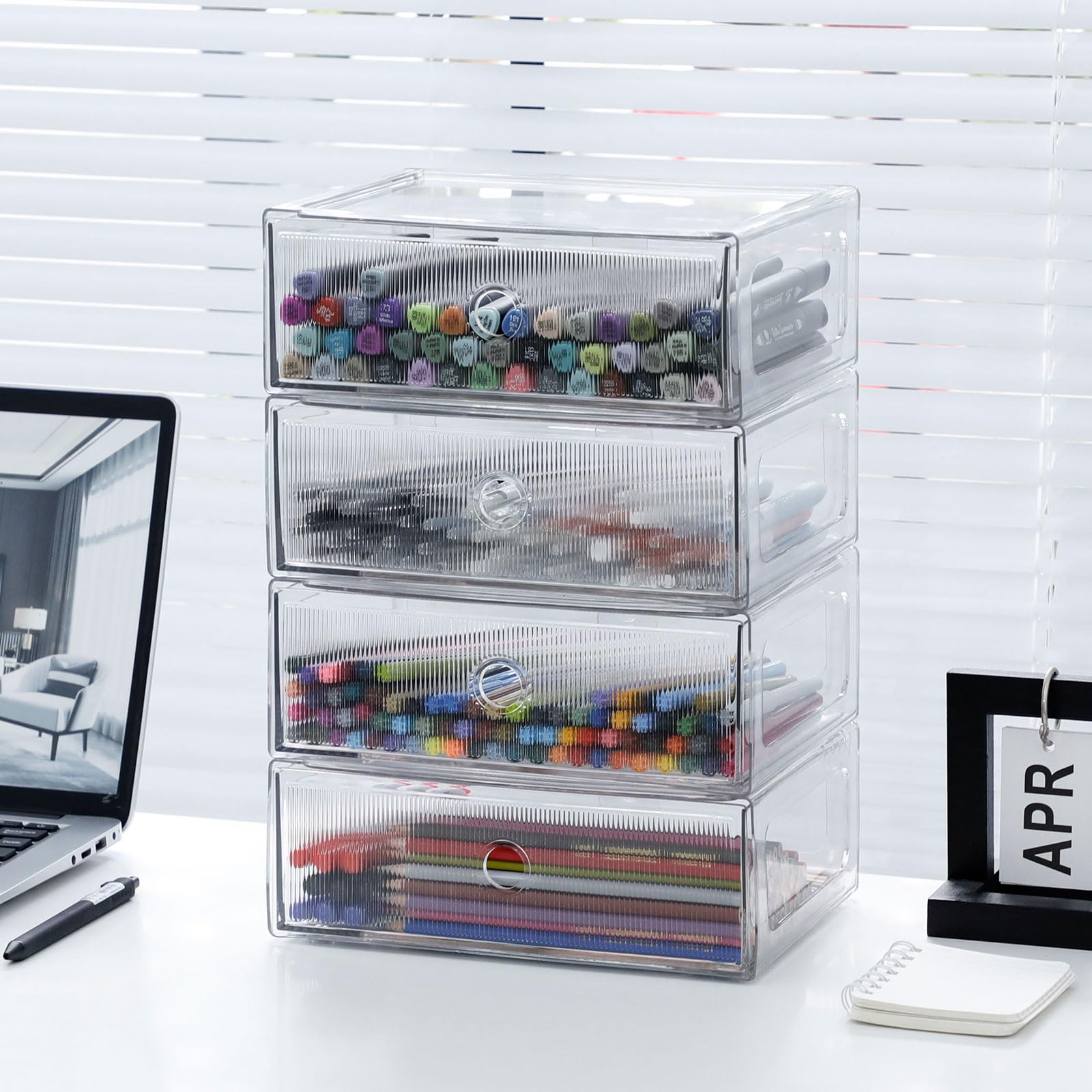 Organizzatori trasparenti per cassetti da scrivania, 4 cassetti, in plastica | Organizer da scrivania impilabile e accessori, per pennarelli, matite, cancelleria, per casa, ufficio, bagno, cucina