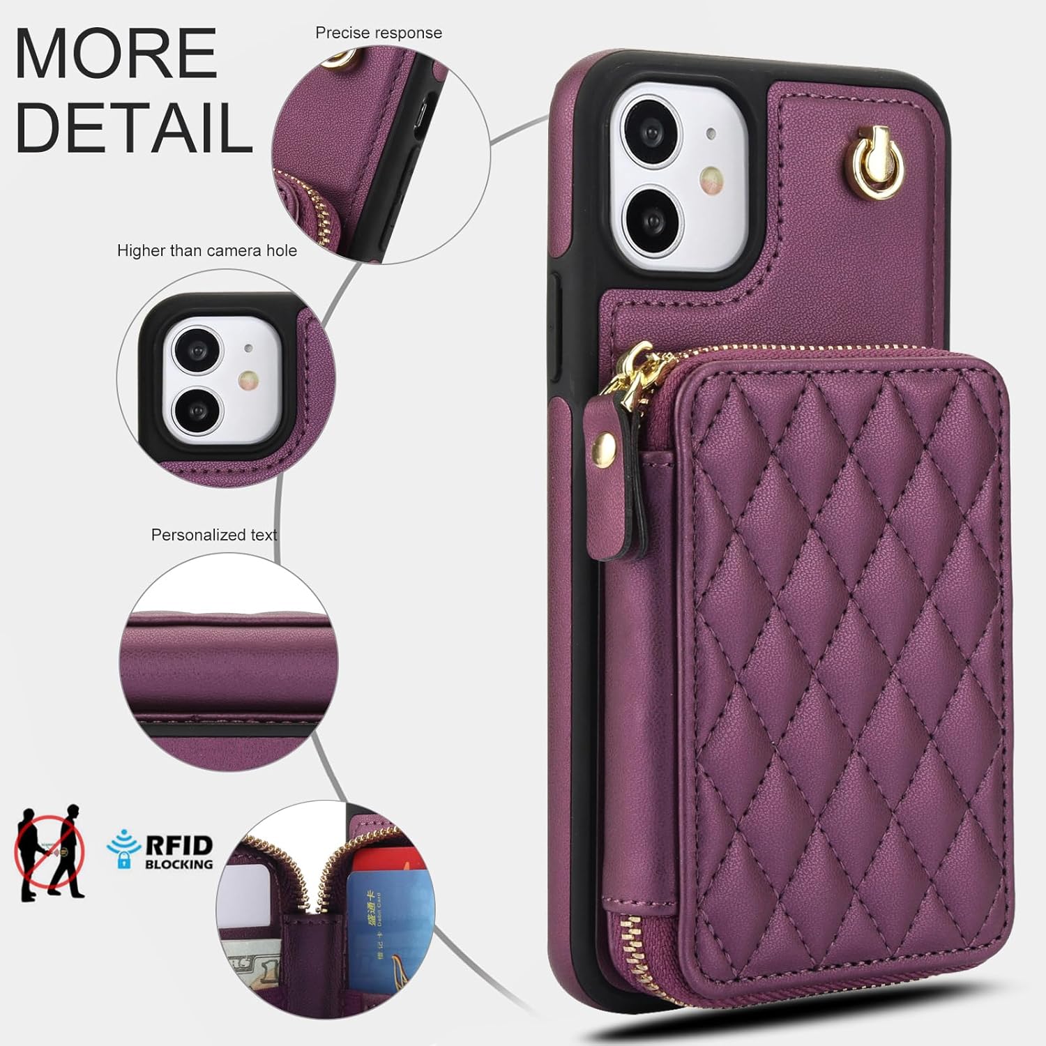 Phone Case for iPhone 11 6.1 Wallet Cell Cover with Tempered Glass Screen Protector Wrist Crossbody Strap RFID Blocking Card Holder iphone11case iPhone11 i Phone11 11s XI 11R Women Girls Dark Purple