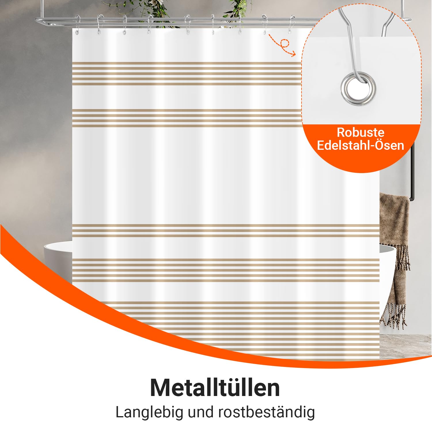 Tenda da doccia con anelli in metallo 180x200 cm, motivo a righe beige, fondo pesante antimuffa, in tessuto impermeabile, lavabile, set di tende da bagno in poliestere con occhielli per bagno, vasca