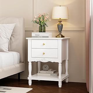 WOODTIME White Accent Nightstand with 2 Drawers, Bottom Shelf & Carve Pa...
