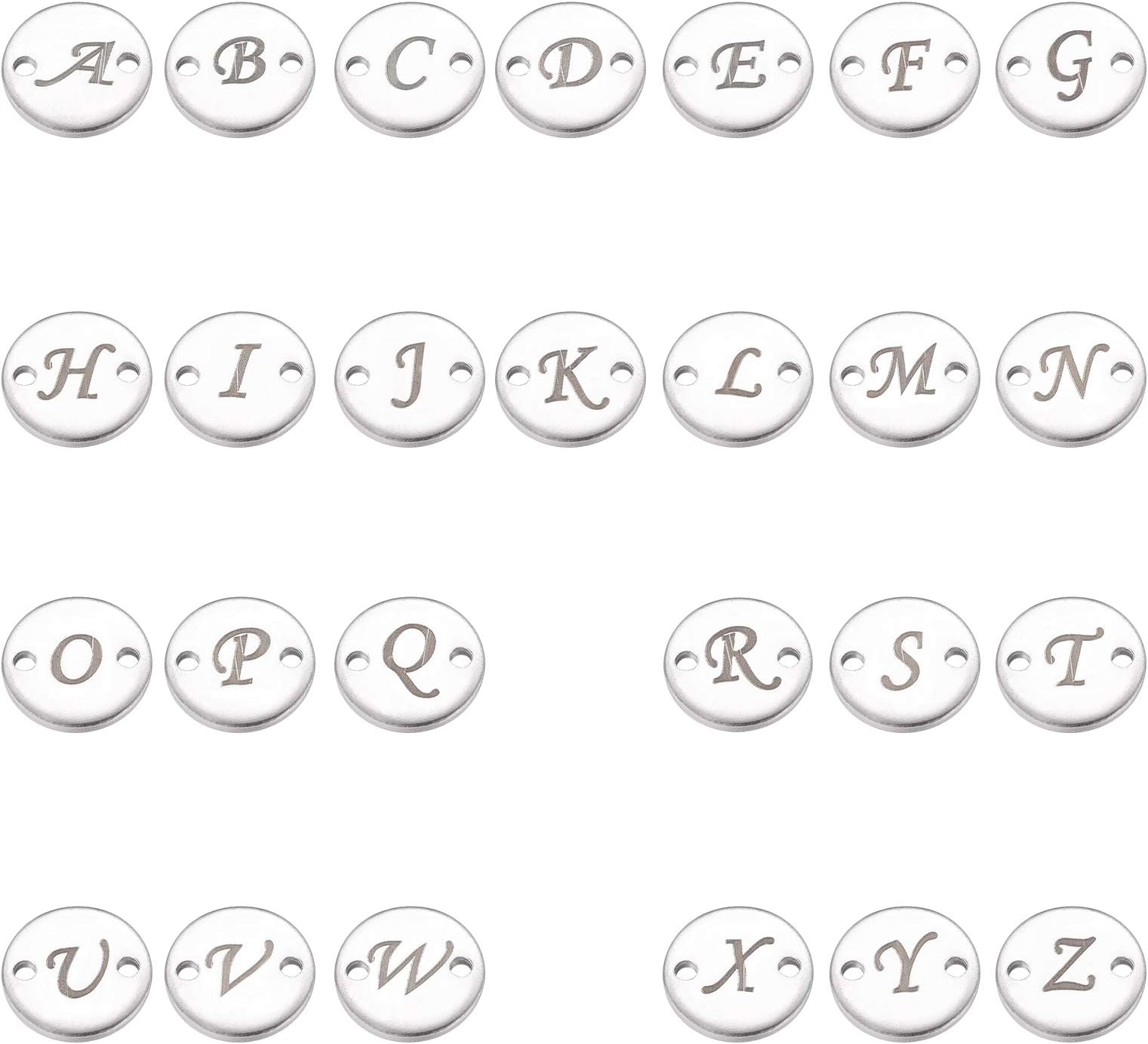 UNICRAFTALE52pcs Stainless Steel Alphabet Link Charms Metal A-Z Letter Pendants Flat Round with Initial Letter Charms 1.2mm Hole Linking Connectors for Necklaces Bracelet Jewelry Making