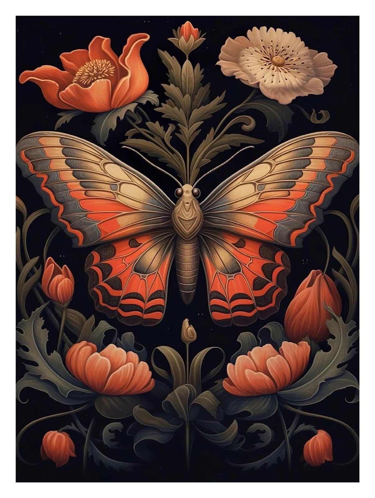 Xenite O Wall Art Canvas Prints Boh Floral Dark Academia Blue Moth Black Butterfly Poster Prints Canvas Painting Botanical Wall Art Pictures Home Decoration(,50X70cm)