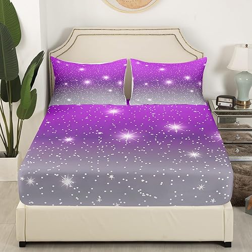 Miniatura 7 de Sábana bajera ajustable con purpurina degradada para niñas, tamaño matrimonial, sábanas de galaxia arcoíris para niños y mujeres, juego de ropa de