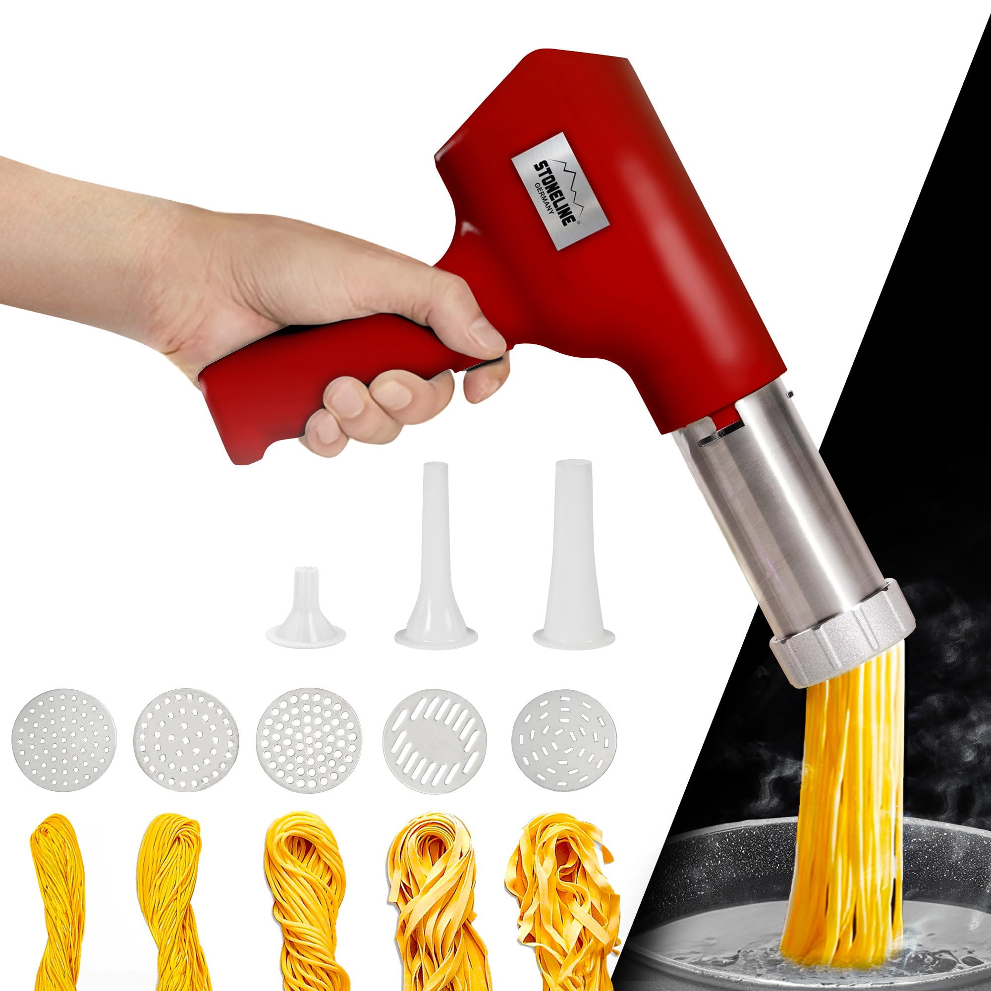 STONELINE Máquina de Pasta Eléctrica de Mano, Recargable USB 3000mAh 40 W, Máquina para hacer Pasta automática, con 8 Accesorios para Pasta Fresca Espaguetis Ñoquis Galletas Churros, Acero inoxidable,