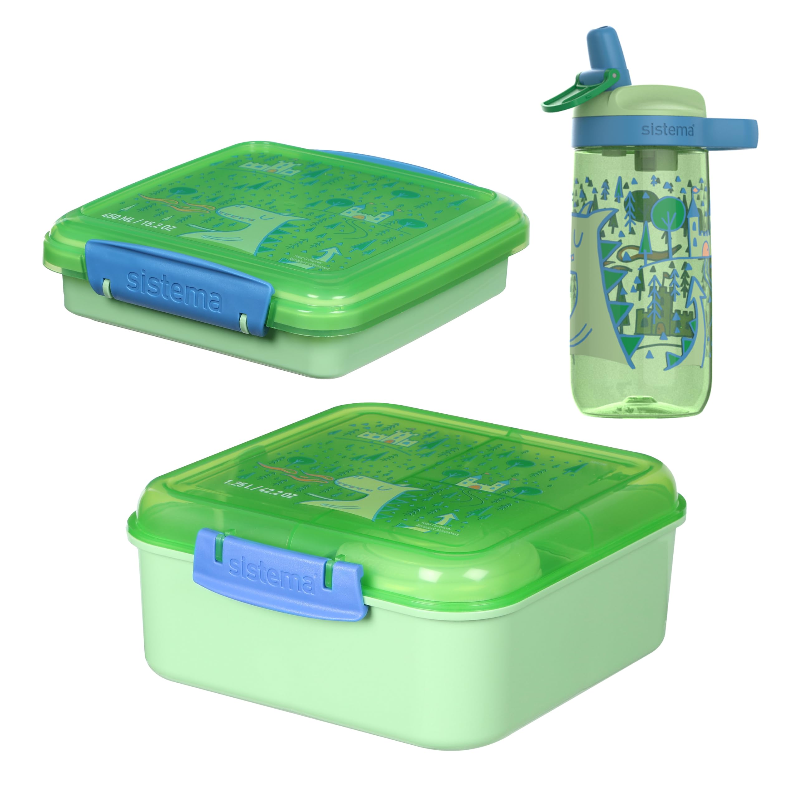 Sistema Expressions Lunch, 1.25L Bento + ​450ml Sandwich + ​500mL Easy Sip​, lunch box and bottle set, design 'Dinosaur'