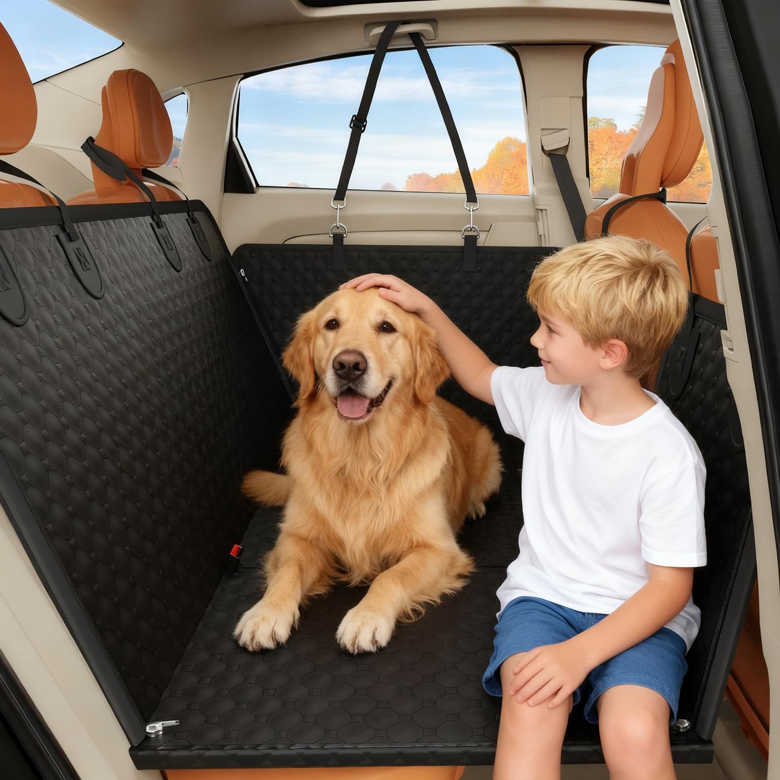 Back Seat Extender for Dogs with Hard Bottom & Mesh Window, Waterproof Dog Car Seat Cover for Back Seat, Cat-Scratch Resistant Fabric, Extra Comfortable Dog Hammock for Car SUV and Trucks
