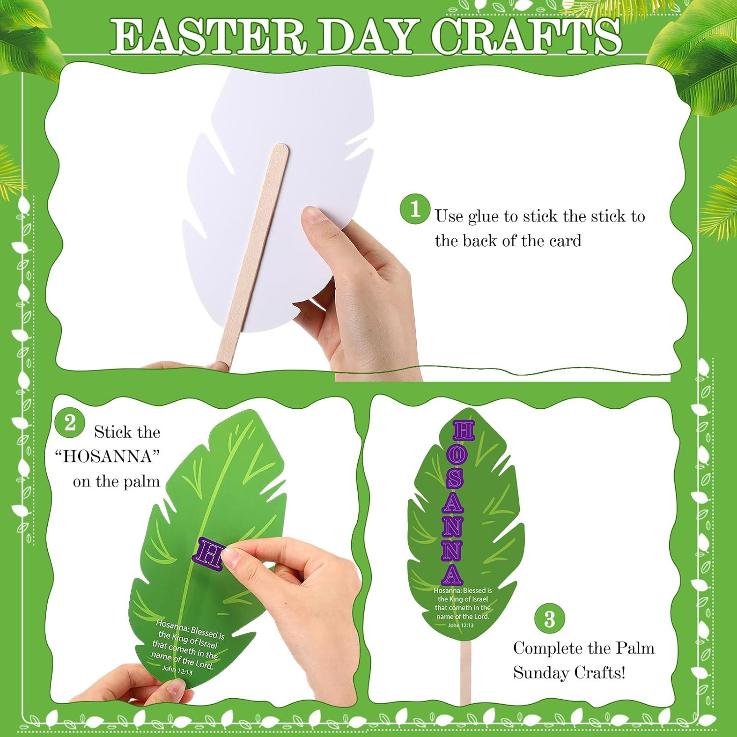 Frienda 30 Set Palm Sunday Crafts Religious Easter Crafts Kit Include 30 Pcs Palm Leaves Cards 30 Hosanna Stickers 50 Sticks Christian Easter Crafts for Sunday School Spring Activities