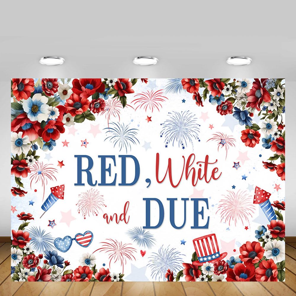 MEHOFOND Red White and Due Firecracker Baby Shower Banner Happy 4th of July Independence Day Newborn Baby Party Decor Patriotic Firework Flowers Background Photo Studio Backdrop Props 7x5ft