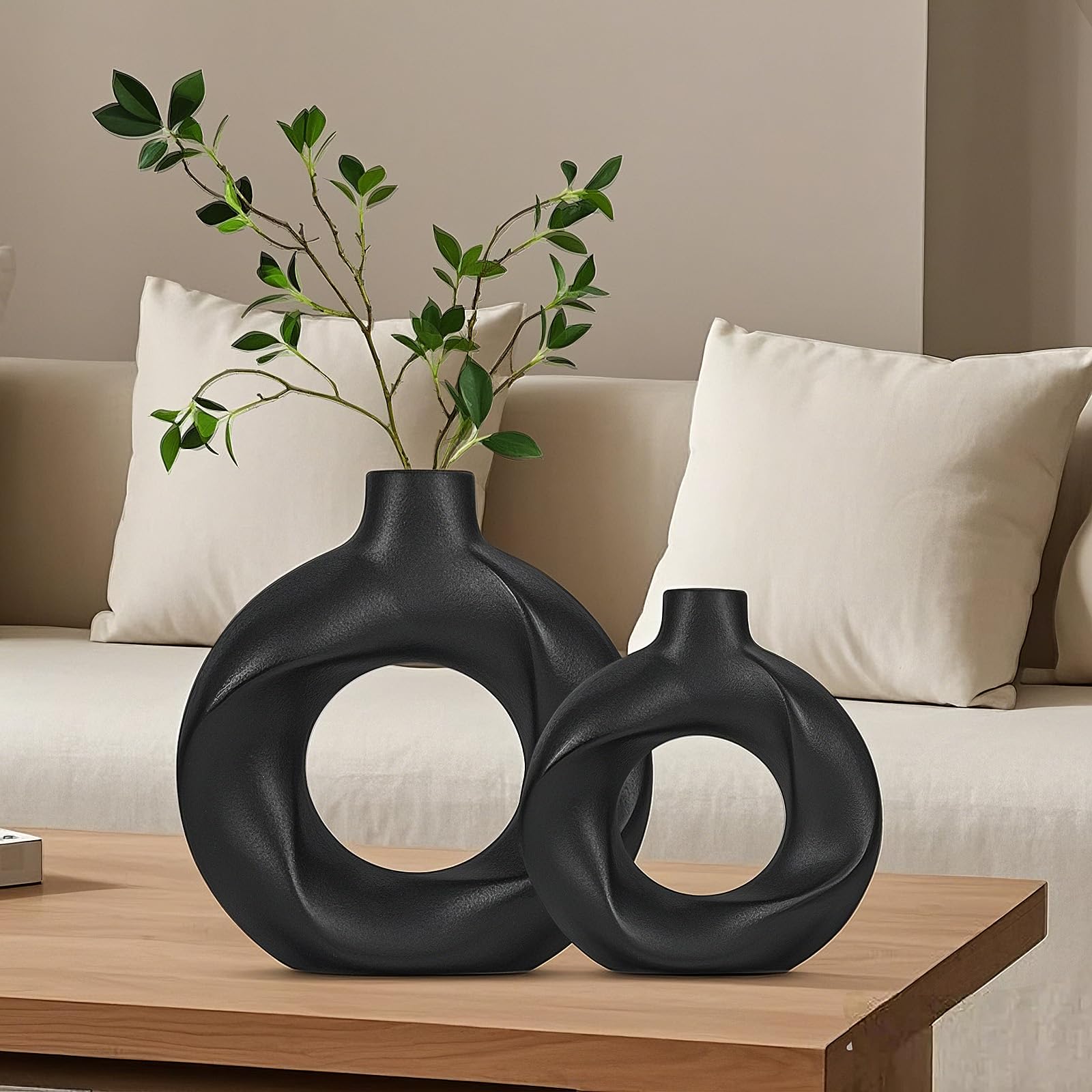 Charmofun Juego de 2 Jarrones Decorativos Modernos, Jarron Negro Ceramica, Florero de Flores Secas en Bohemio, Jarrones para Sala de Estar y Centro de Mesa de Cena (Negro (Grande + Pequeño))