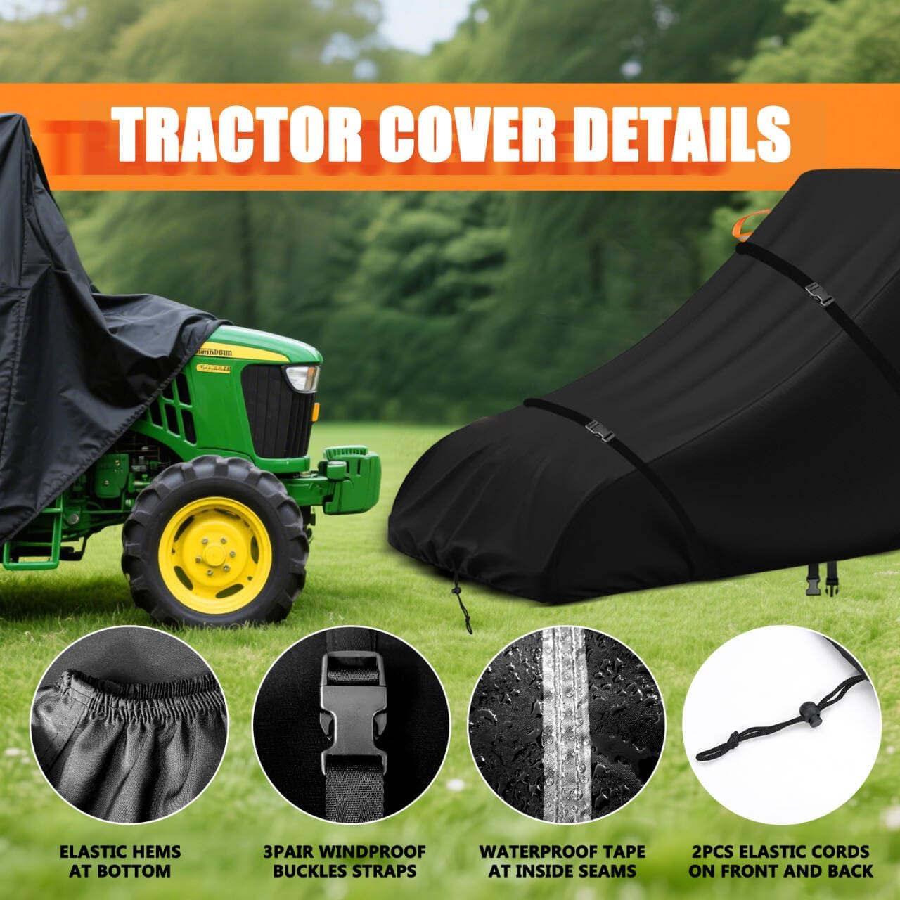 Compact Tractor Cover,Farm Riding Utility Tractor Full Covers Waterproof Heavy Duty,Durable Anti-UV 600D Polyester,Fits for John Deere, Kubota, Yanmar,Kioti,Bobcat,189" Lx75 Wx85 H-Aibiley