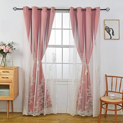 Miniatura 3 de GYROHOME Cortinas superpuestas de gasa transparente bordadas, cortinas de oscurecimiento de habitación de doble capa con ojales en la parte