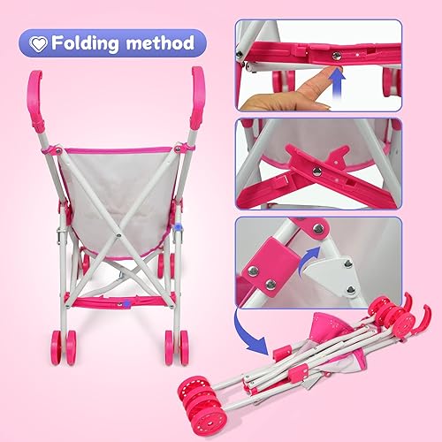 Miniatura 10 de Anivia - Cochecito de muñeca doble, diseño de corazón, regalos de cumpleaños para niños pequeños y niñas, cochecito doble, 11, plegable, doble
