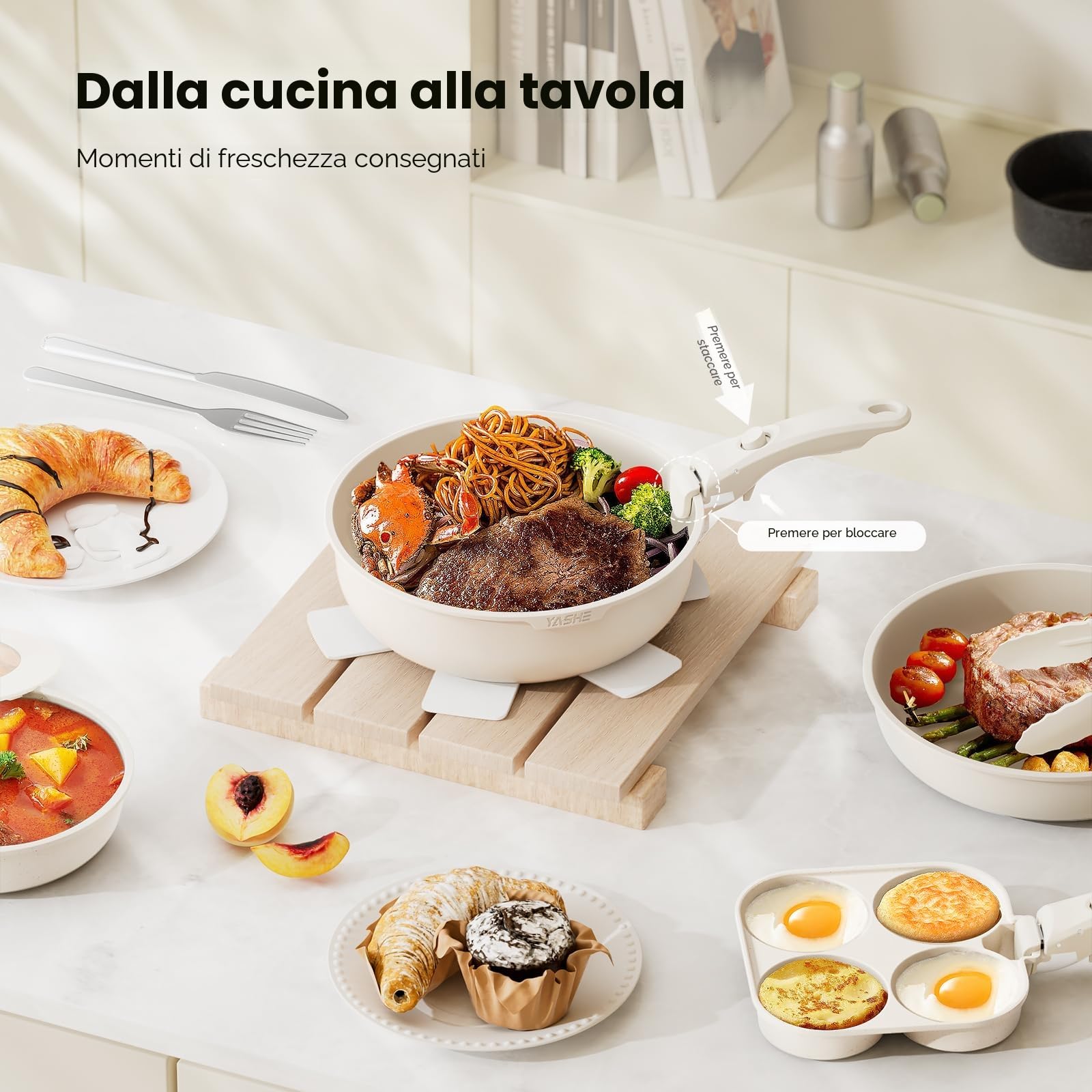 YASHE Batteria da cucina 20 pezzi, antiaderente, con manici rimovibili, compatibile con induzione, lavastoviglie, impilabile, ideale per famiglie, bianco