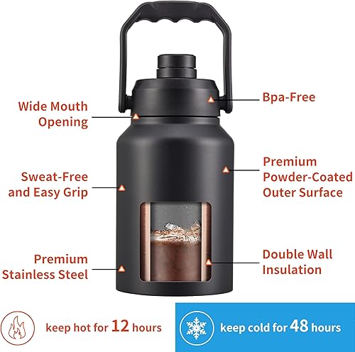 Miniatura 3 de CIVAGO Botella de agua aislada de medio galón, frasco de agua deportivo de acero inoxidable de 64 onzas, taza térmica grande con soporte para bolsa