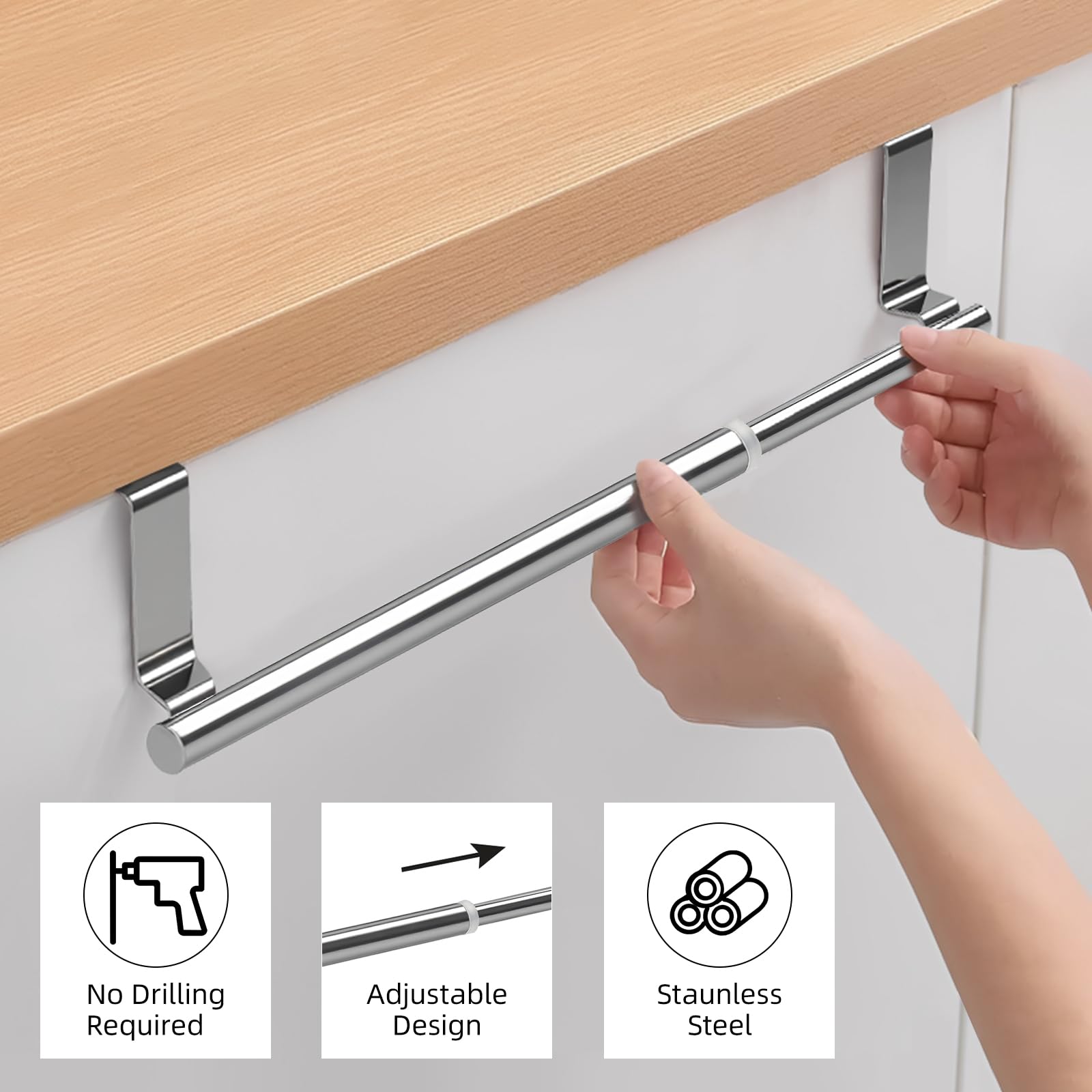 2Pcs Over Door Towel Rail Kitchen Towel Holder Stainless Steel Tea Towel Rail Extendable(22.5-35/30-51cm) with 4 Pcs S Hooks for Hanging for Kitchen Cupboard Bathroom Drawer Cabinet Silver - Image 4
