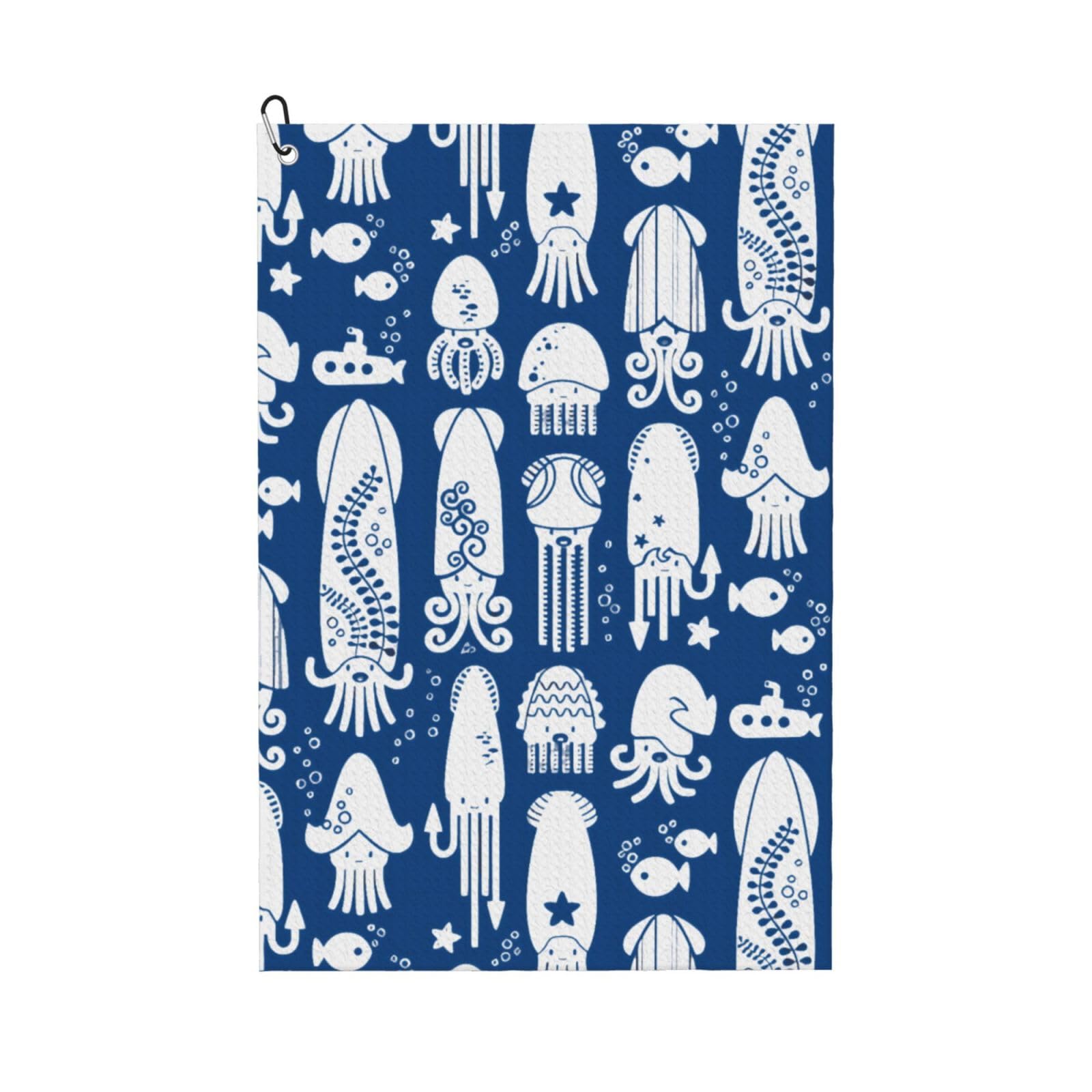 Oudrspo Cute Octopus Jellyfish Squid Fish School Submarine Illustration Microfiber Golf Towel with Carabiner Clip, 16x24 Inch Absorbent Waffle Weave Towel for Golf Bags