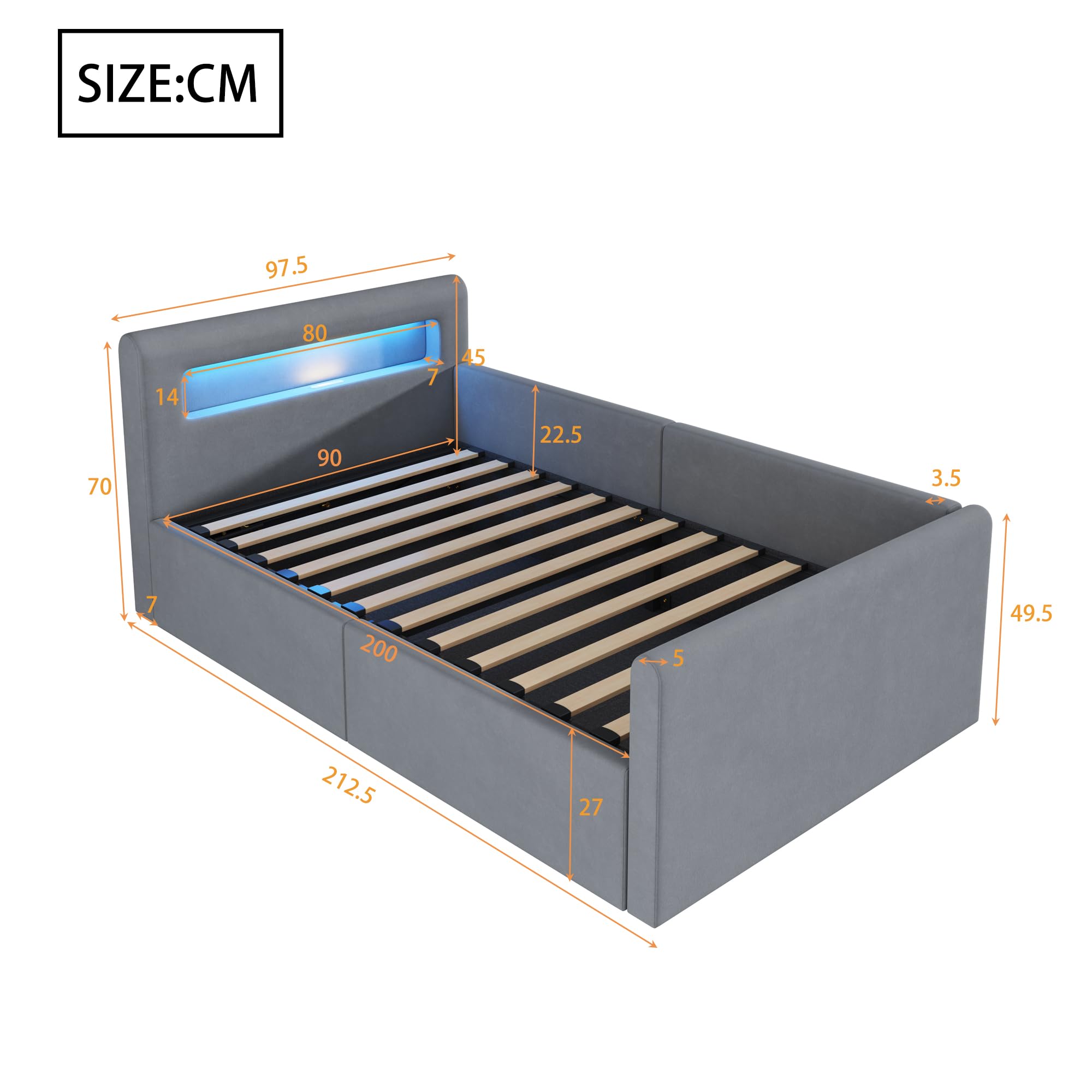 Dolamaní Nowoczesne łóżko młodzieżowe 90 x 200 cm, tapicerowane ze stelażem i schowkiem, zagłówek aksamitny, nocna lampka LED i ładowarka USB