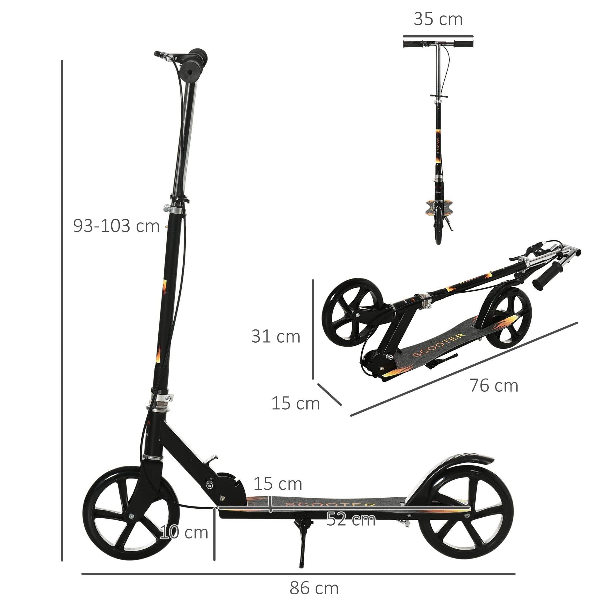 HOMCOM Trottinette Enfant Pliable à 2 Roues pour Enfant de 7 à 14 Ans avec Guidon réglable en Hauteur sur 3 Niveaux et Double Frein - Noir