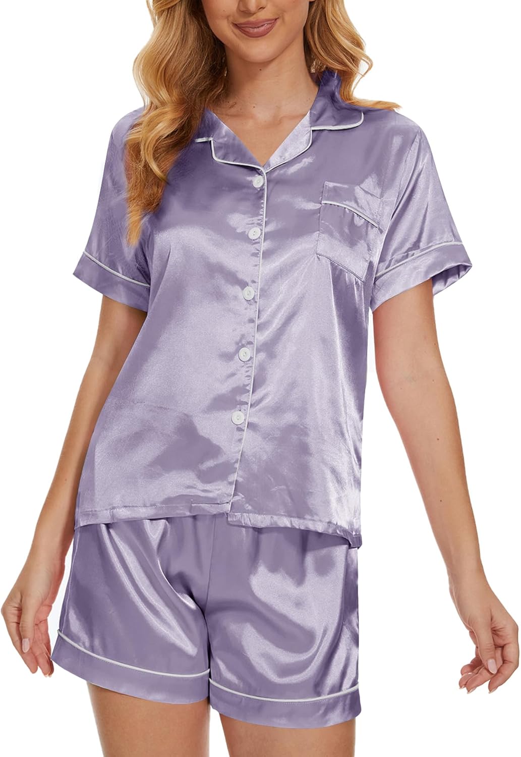 YIJIU Womens Silk Satin Pajamas Set Short Sleeve Sleepwear Soft Button Down Loungewear Two-piece Pjs Sets XS-XXL - Image 4