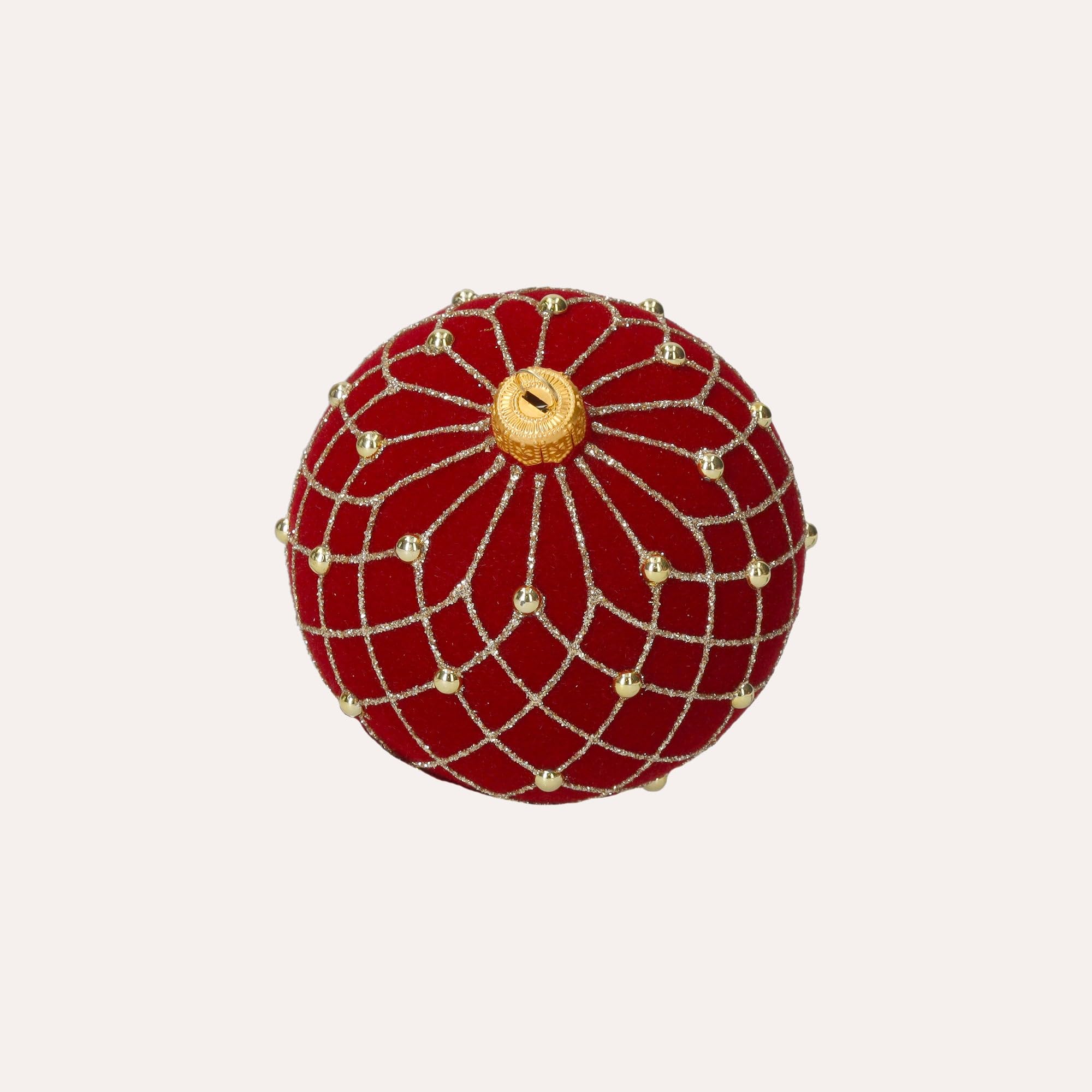 KEYHOMESTORE- zestaw 4 szklane kulki choinkowe, pokryte czerwonym aksamitem i brokatem.