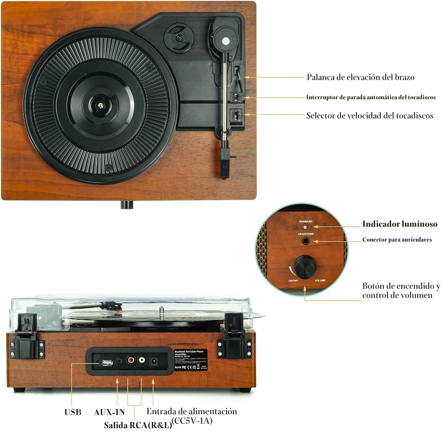 Tocadiscos de Vinilo Bluetooth con Altavoces Integrados, Compatible con Auriculares USB RCA AUX IN y gramófono portátil de 3 velocidades accionado por Correa para Entretenimiento y decoración