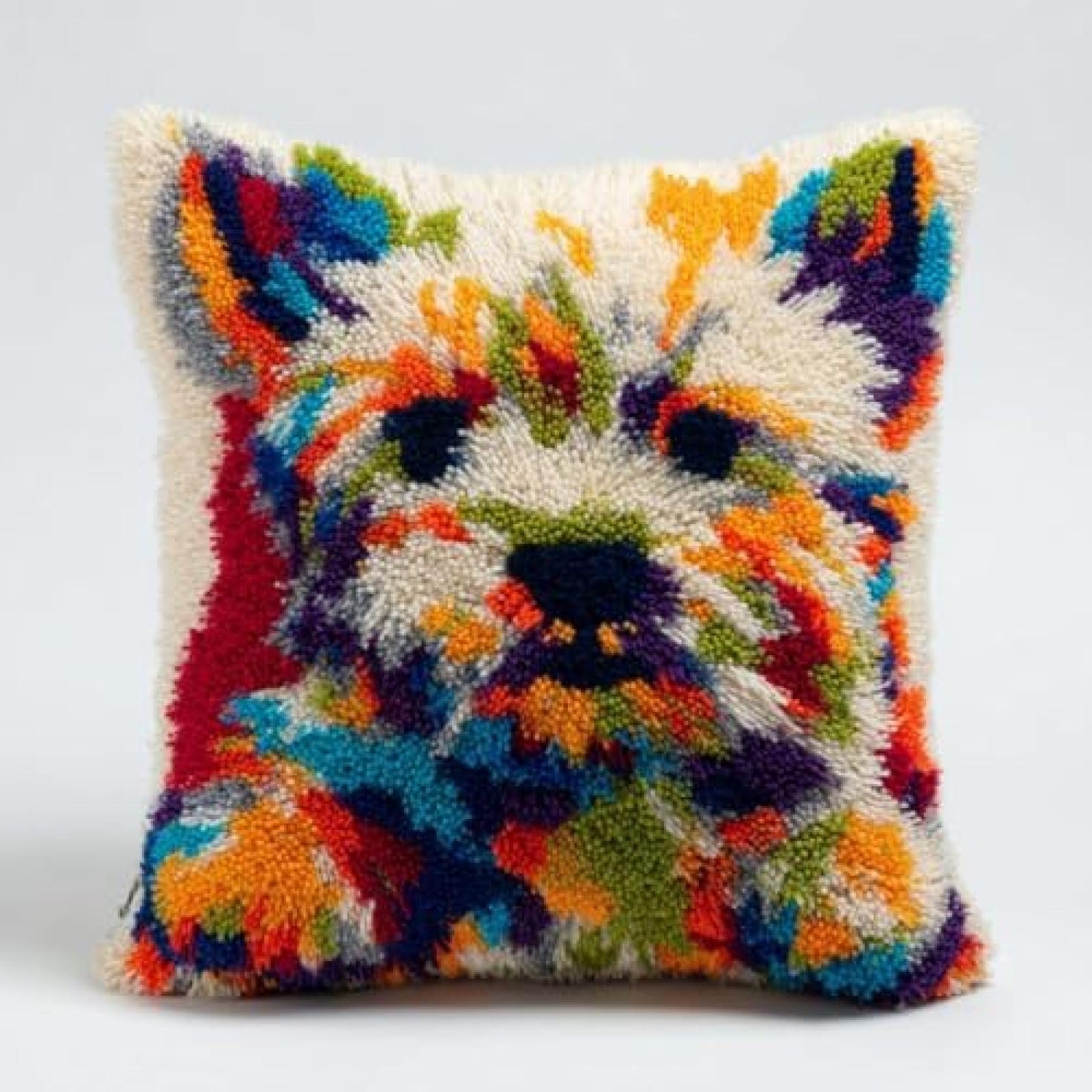kitphoenix Beginner Latch Hook Cushion Cover Craft Kit,Cairn Terrier Dog and Bone,DIY Pillow Cover Making Set with Pre-Cut Yarn and Hook,43x43 cm