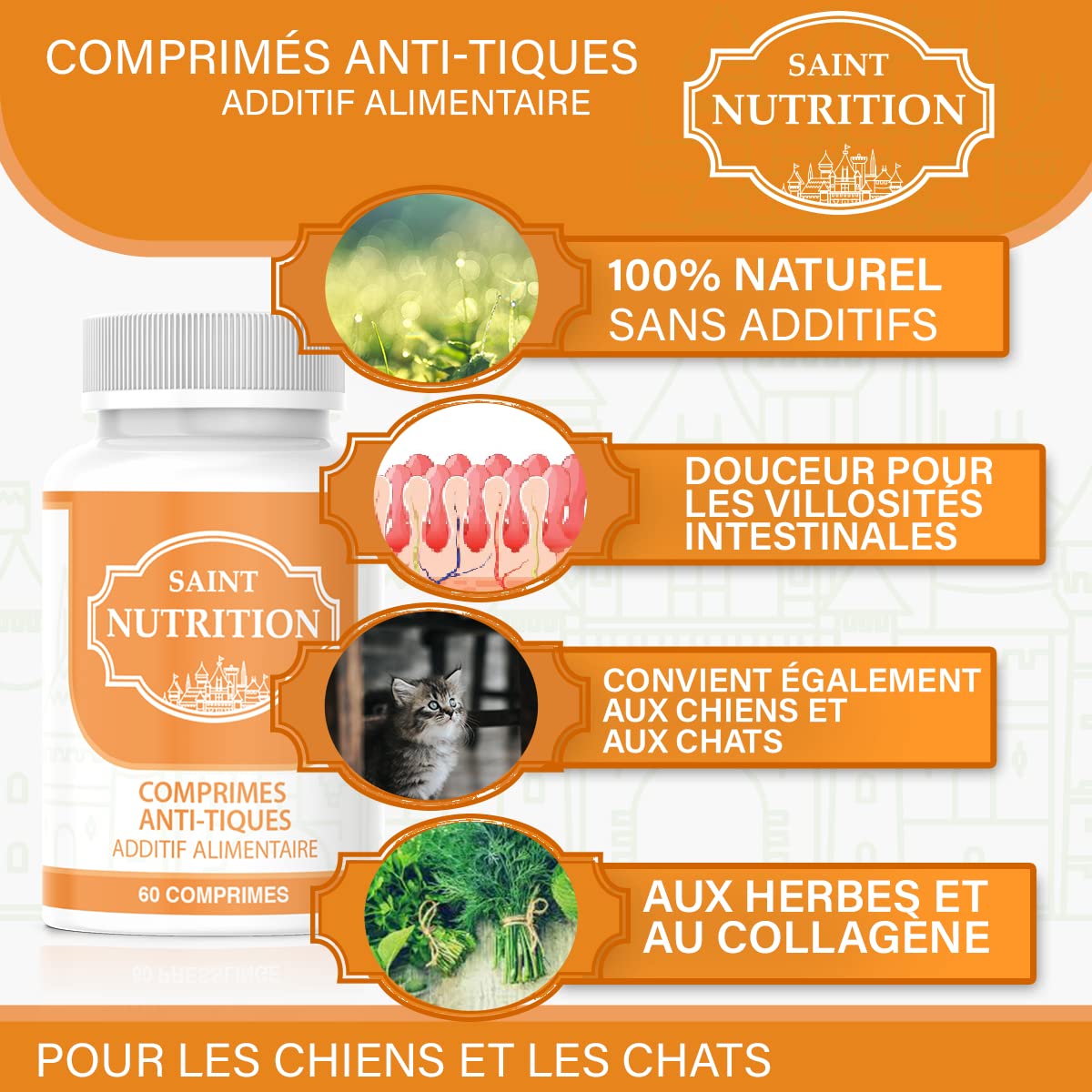 Saint Nutrition® Anti-Tique COMPRIMES pour Chien et Chat – Nouveau – Traitement Naturelle pour Votre Animal Domestique Contre tiques, Effet immédiat, Contient 60 comprimés