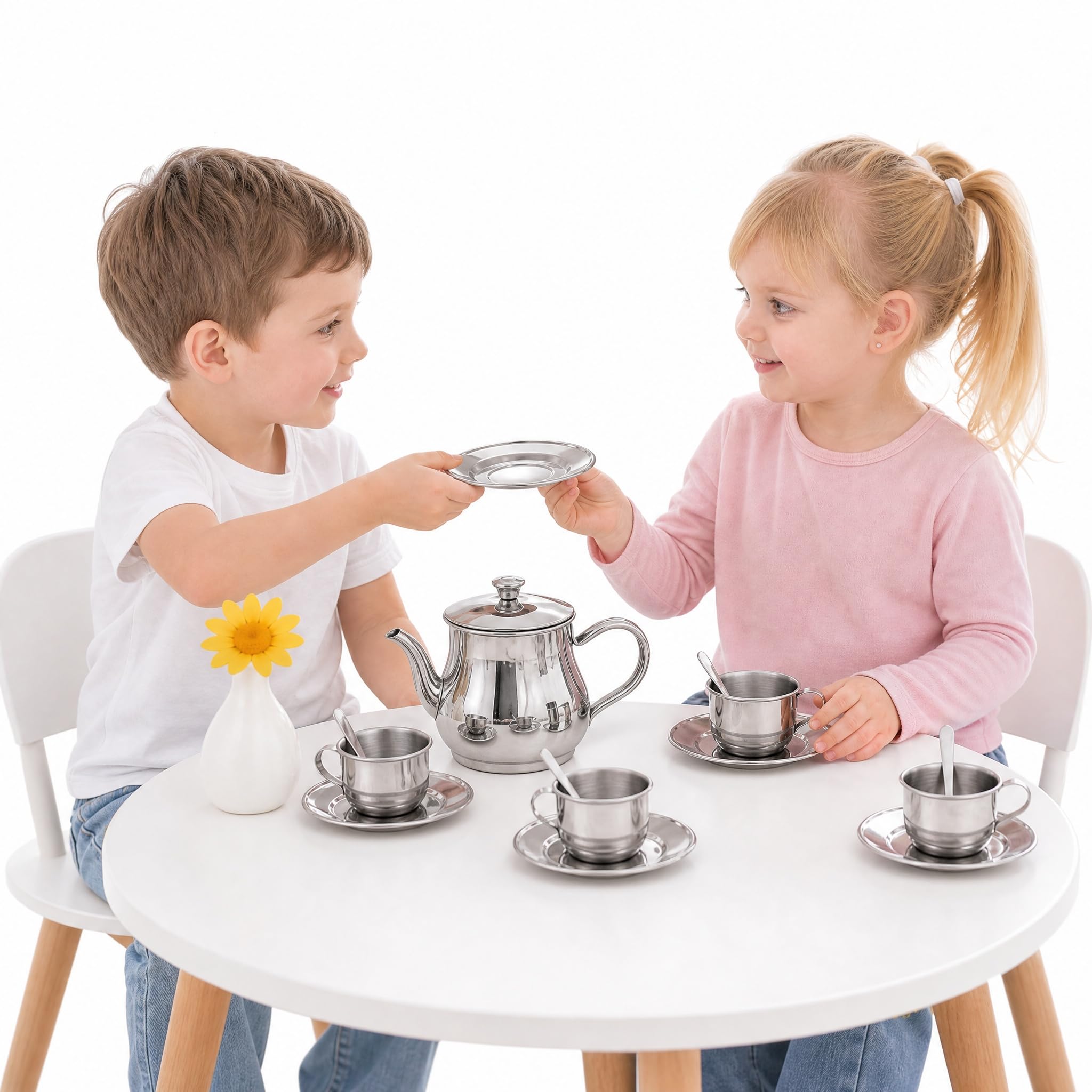 Kids Tea Set, 13-Piece Food Grade Stainless Steel Tea Party Set for Girls & Boys, with 4 Cups, Saucers & Spoons, Used for Children's Teas Party, Role-Playing