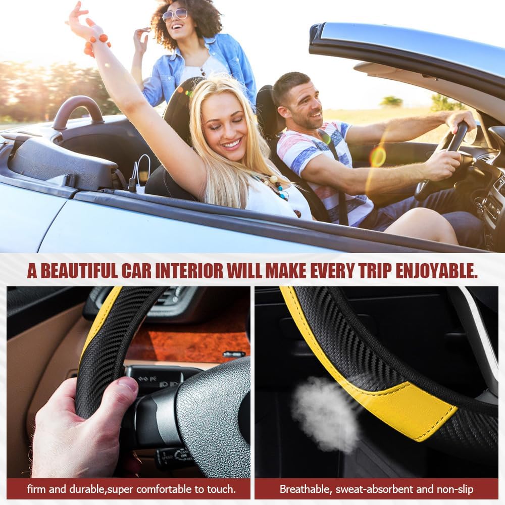 Car Steering Wheel Cover, Steering Wheel Protector, Universal 14.5-15 Inch Microfiber Leather Breathable Auto Steering Wheel Covers, Carbon Fiber Steering Wheel Cover for Women Men (Yellow) - Image 4