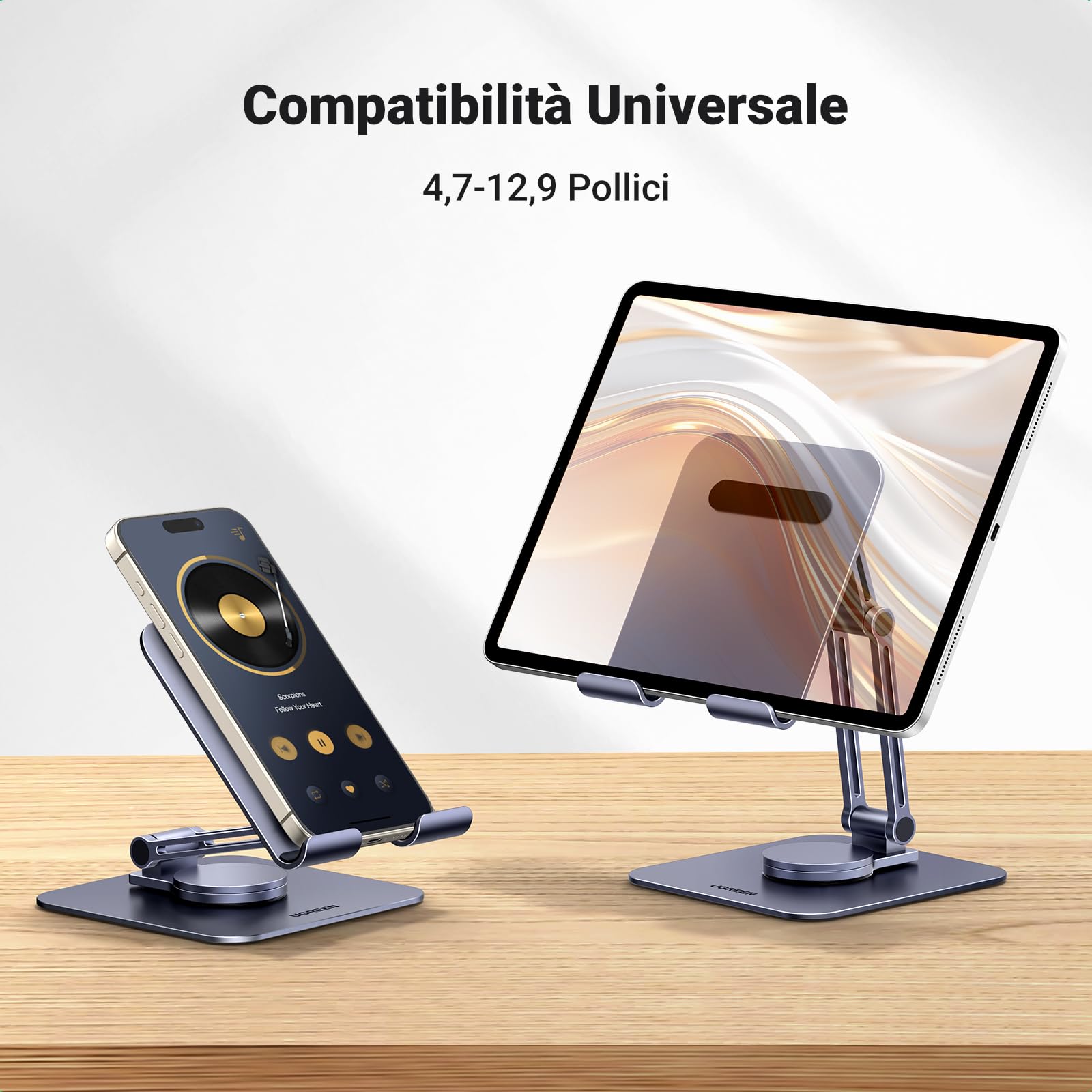 UGREEN Supporto Tablet Girevole da Tavolo | Porta Cellulare Regolabile da Scrivania in Alluminio Compatibile con Galaxy Tab iPad iPhone 17 16 Altri da 4.7-12.9"