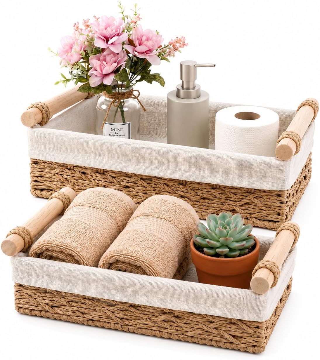 Toilet Paper Storage, Boho Bathroom Decor Woven Basket with Handle Toilet Paper Basket for Organizing Bedroom Living Room Kitchen Storage and Shelf, 2 - Piece Set (Large & Medium)