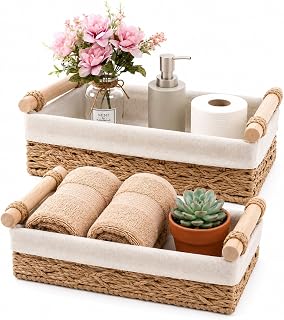 Toilet Paper Storage, Boho Bathroom Decor Woven Basket with Handle Toilet Paper Basket for Organizing Bedroom Living Room Kitchen Storage and Shelf, 2 - Piece Set (Large & Medium)