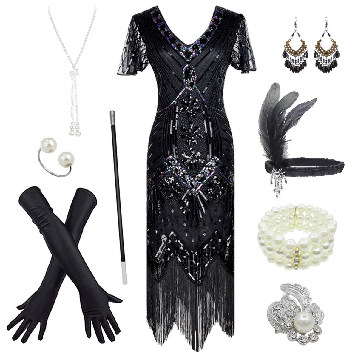 Fancy ClothingWomen's 1920s Gatsby Inspired Sequin Beads Long Fringe Flapper Dress w/Accessories Set