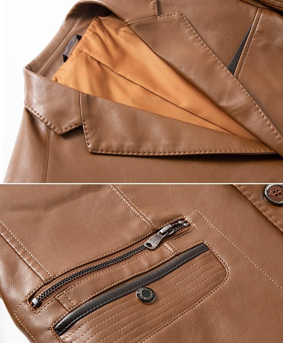 ebossy Men's Classic Notched Lapel Faux Leather Blazer Jacket Casual Slim Fully-Lined Long Sleeve Trucker Coat with Pockets