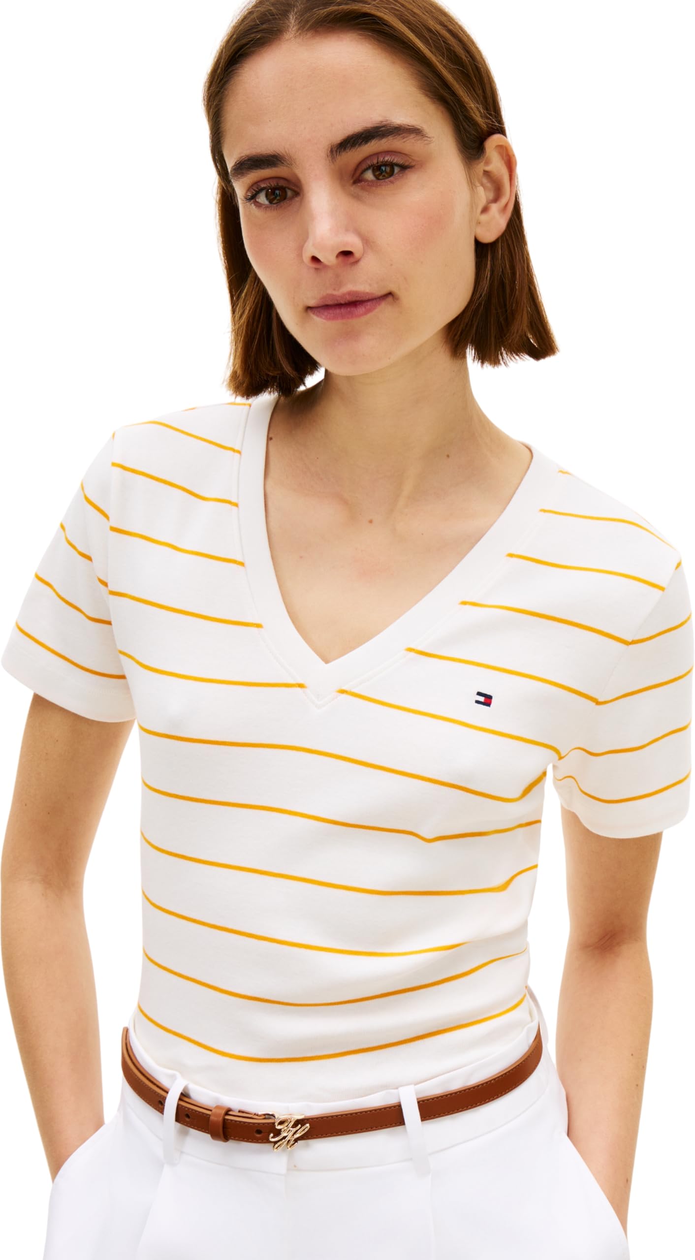 Tommy Hilfiger Women's Slim Cody V-Nk Ss Ww0Ww40584, Orange, XS