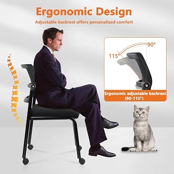 CLATINA Stacking Armless Office Waiting Room Chair with Wheels, Stackable Mesh Guest Reception Desk Chairs with Adjustable Backrest for Conference Lobby Side School, Black
