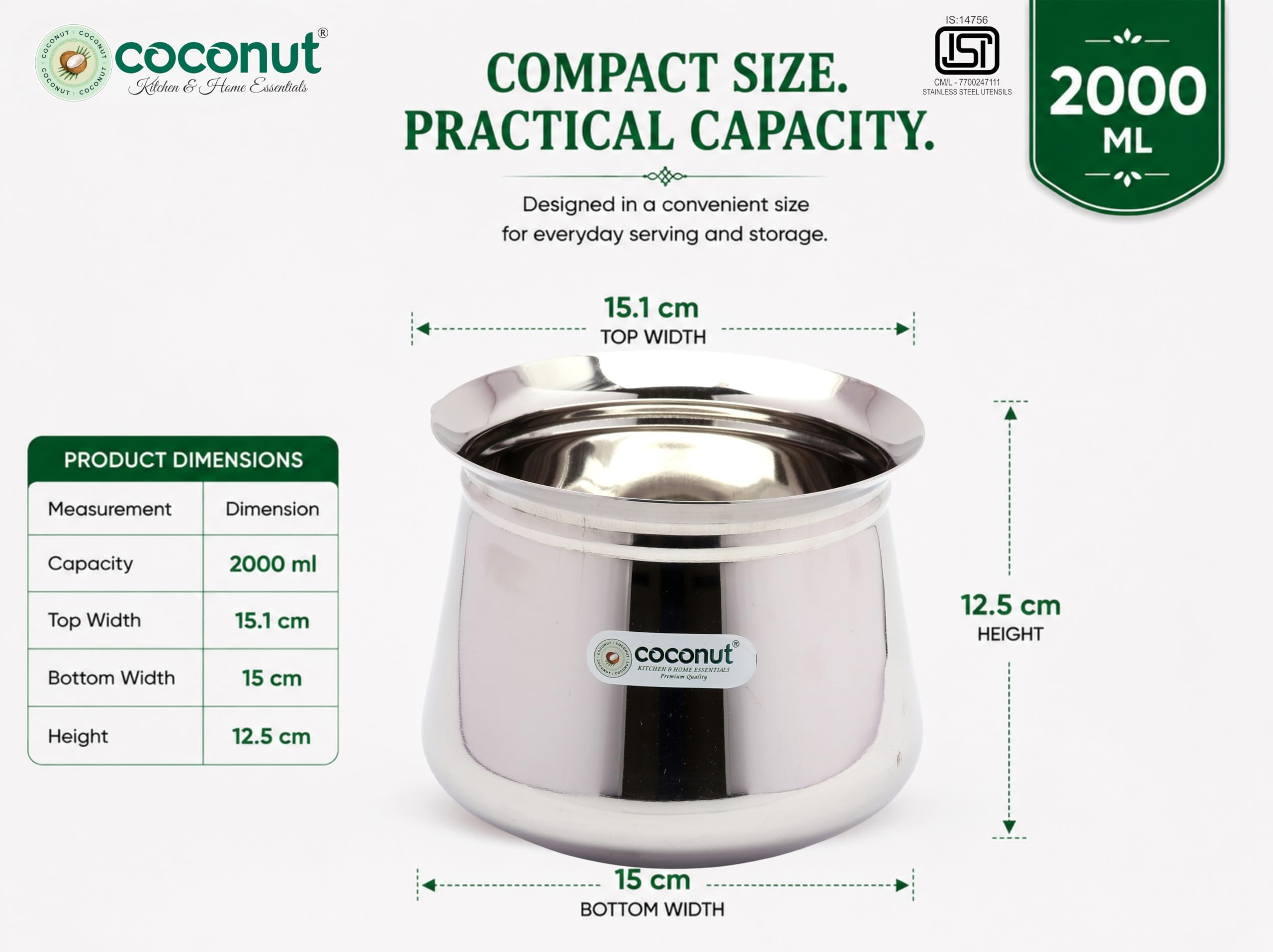 Coconut Stainless Steel Handi - 2000ml -3