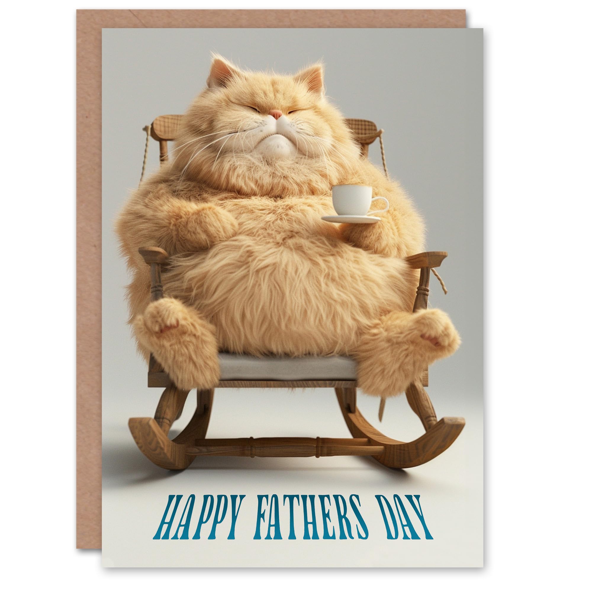 Fathers Day Card Chonk Cat Tea in Rocking Chair Fun For Him Man Male Dad Brother Son Papa Grandad Greeting Card
