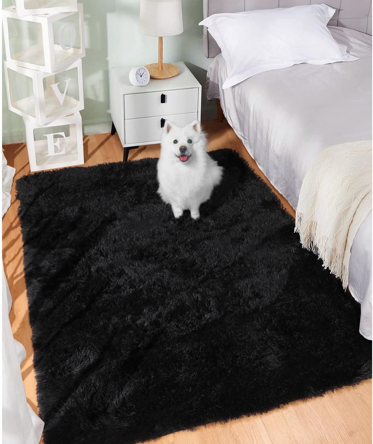 PAGISOFE 3x5 Black Fluffy Shag Area Rugs for Bedroom, Soft Fuzzy Shaggy Small Rugs for Boys Room, Non-Slip Fluffy Bedside Kids Room Carpet,Home Decor Aesthetic, Furry Throw Dorm Rug Nursery