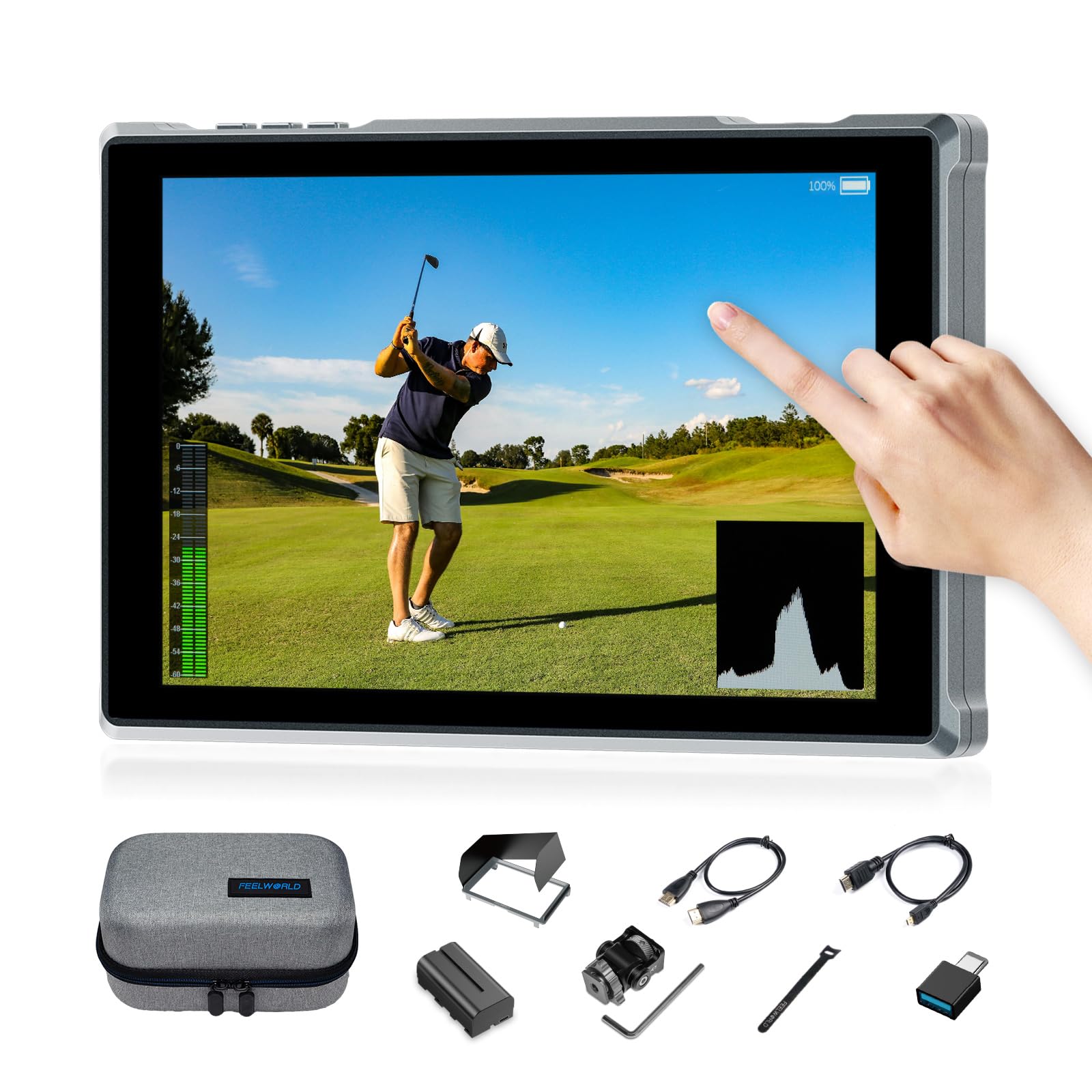 FEELWORLD FW759PRO 7 Pollici 400nit Monitor da Campo touchscreen Ingresso/uscita HDMI 4K e monitoraggio della forma d'onda per videografi e creatori di contenuti con con batteria da 2200 mAh e borsa
