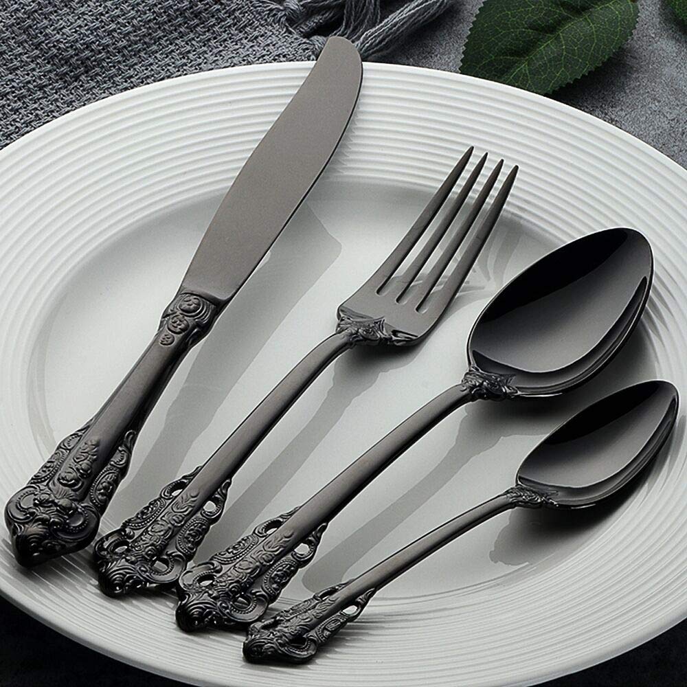 Set de Cubiertos de acero inoxidable 18/10 negro, Estilo Vintage, acabado pulido brillante, para Cocina, Restaurante, Fiesta, Juego de 13, Un juego completo de cubertería
