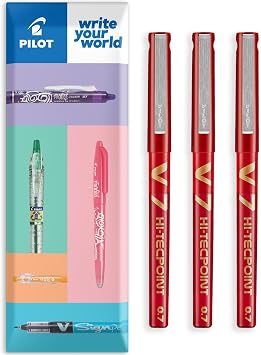 Pilot V7 Hi-Tecpoint Rollerball Pen - Liquid Ink - Medium 0.7mm Nib - Wallet of 3 Red