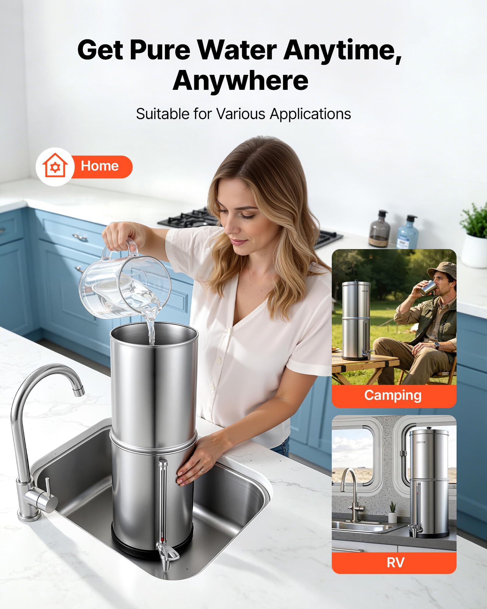 VEVOR Sistema de Filtración de Agua por Gravedad 5,68 L Nivel Visible, De Acero Inoxidable, Reduce Plomo y Hasta 99% del Cloro, Con 2 Filtros de Carbón, Con Grifo y Soporte, Para Hogar, Camping