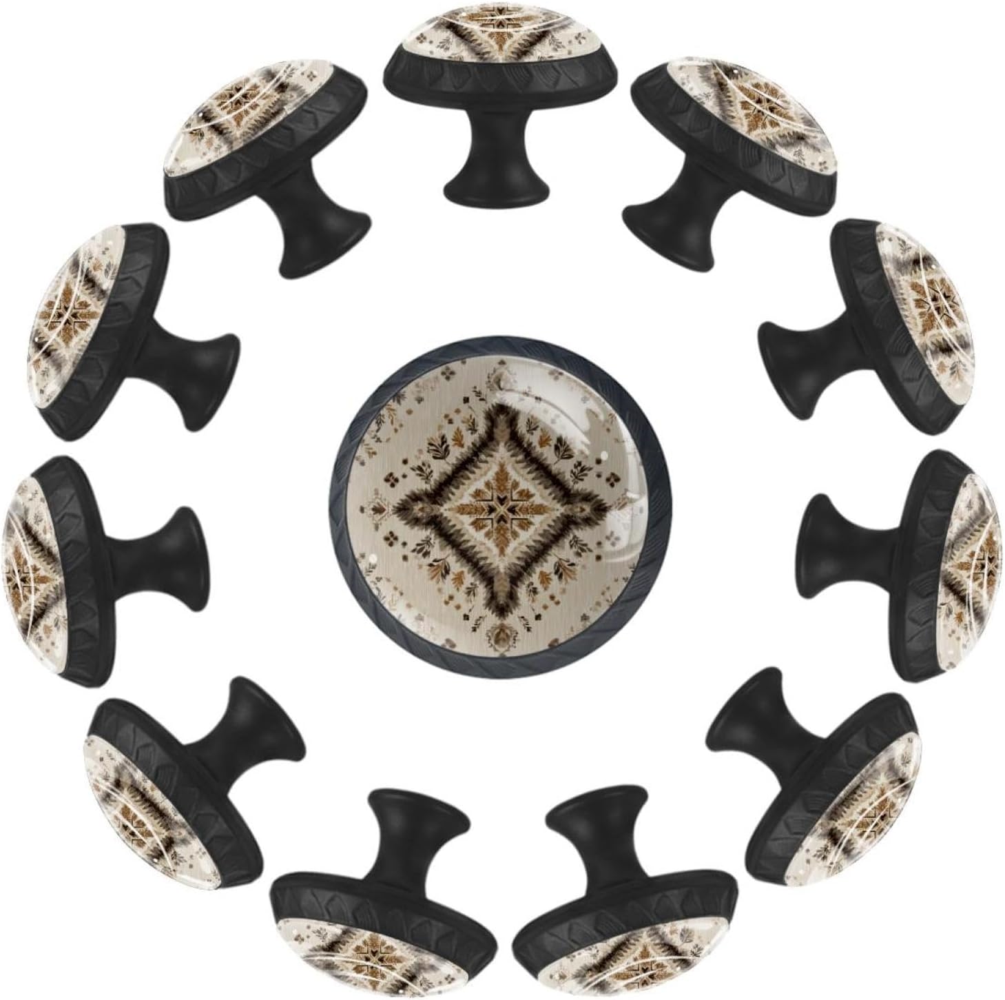 Black Retro Beige Ethnic Pattern (5) Simple Decorative Drawer Knobs, Sturdy Cabinet Hardware with Complete Screws Kit