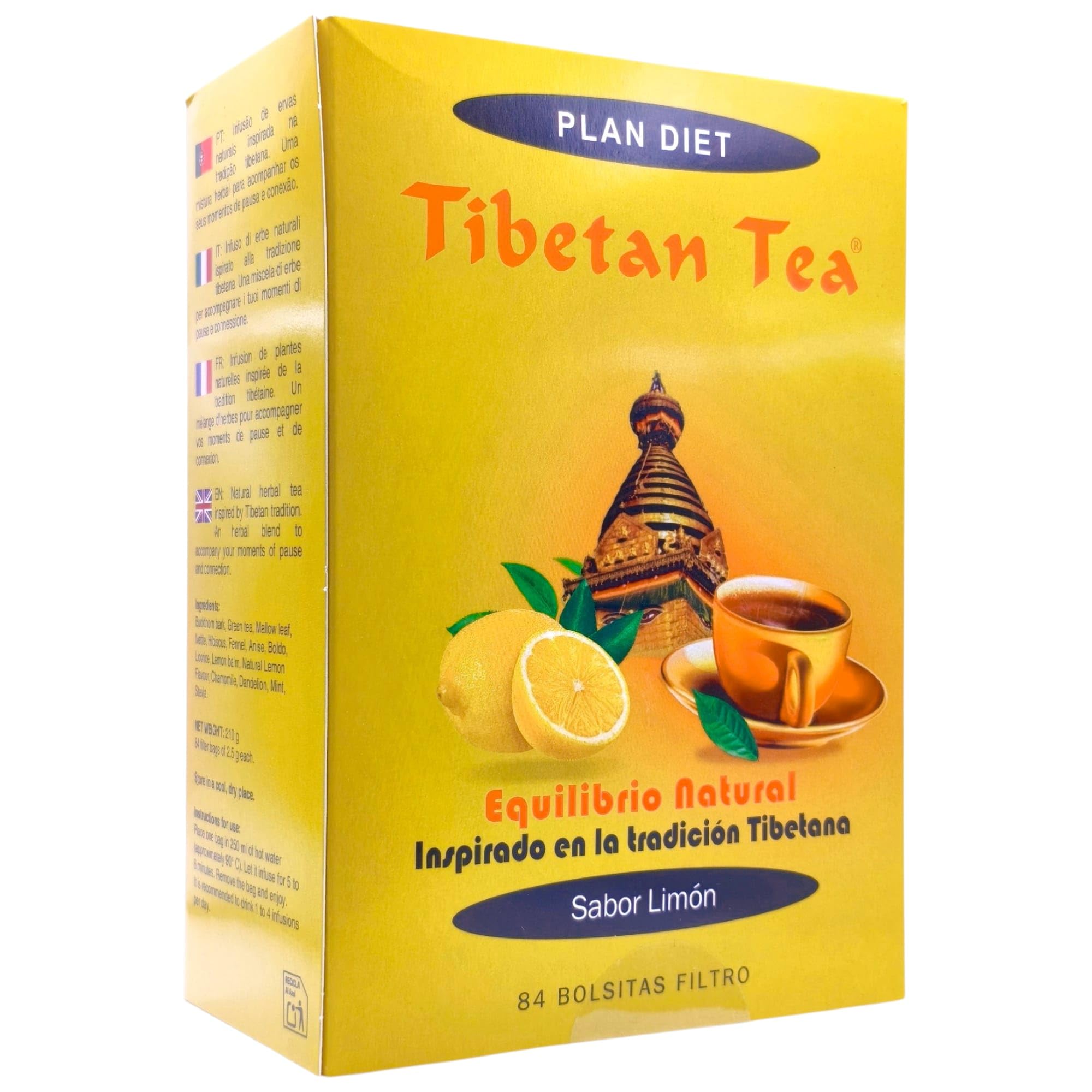 Tibetan Tea Sabor Limón 84 Bolsitas - Infusión Detox y Digestiva con Té Verde, Escaramujo y Laurel - Favorece la Regularidad Intestinal, el Control de Peso y Reduce la Hinchazón