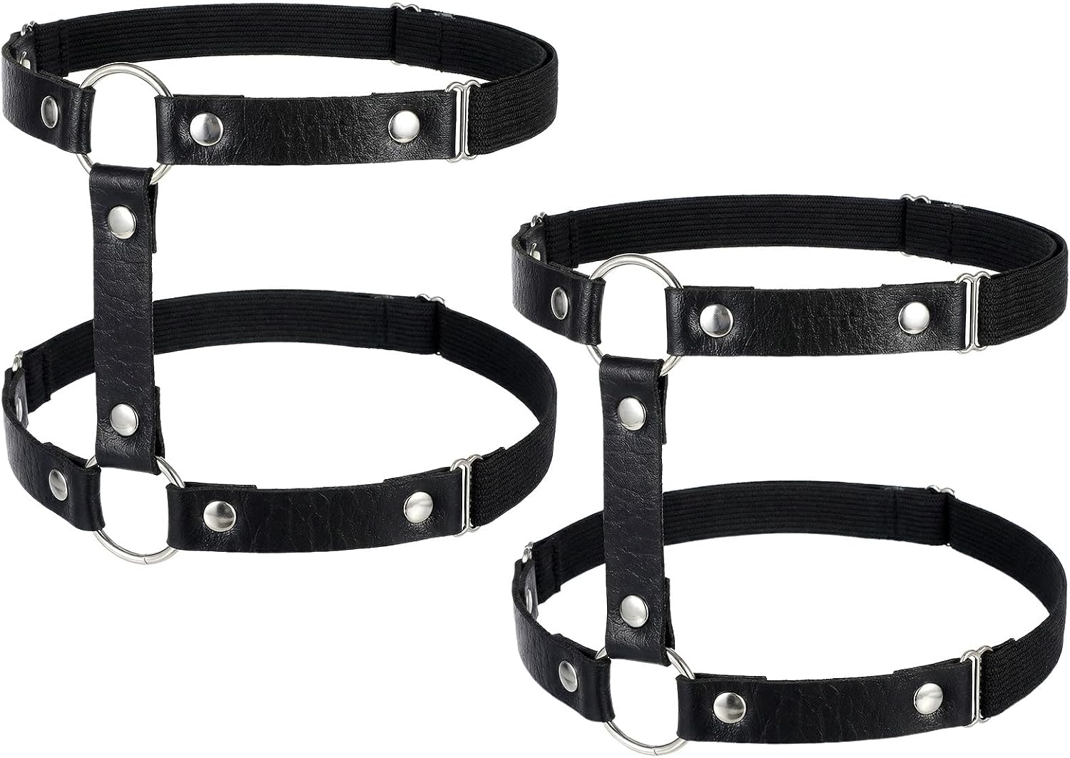 2 Pcs Leather Leg Harness, Adjustable Elastic 2 Rows Leather Leg Belt Ring Punk Gothic Garters for Party Prom Body Chain Accessories Jewelry for Women