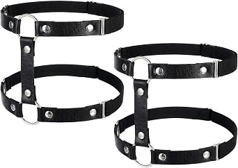 2 Pcs Leather Leg Harness, Adjustable Elastic 2 Rows Leather Leg Belt Ring Punk Gothic Garters for Party Prom Body Chain Accessories Jewelry for Women
