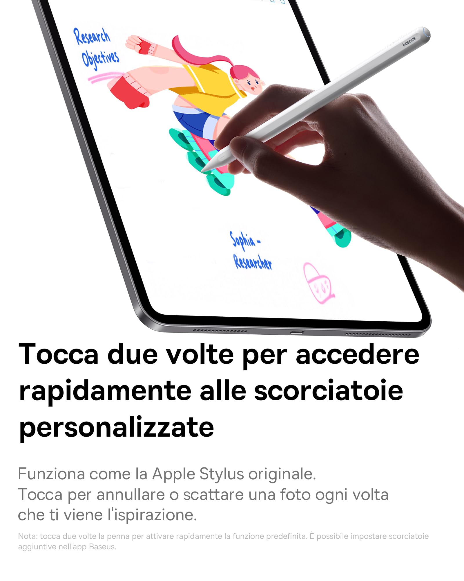 Baseus Penna per iPad 2018-2025, 32 Funzioni Personalizzabili, 17H di Batteria, Rifiuto del Palmo, Telecomando, Pencil Magnetic per iPad 6/7/8/9/10/11, Pro 11“/12.9”/13'', Air 3/4/5/6/7, Mini 6/7