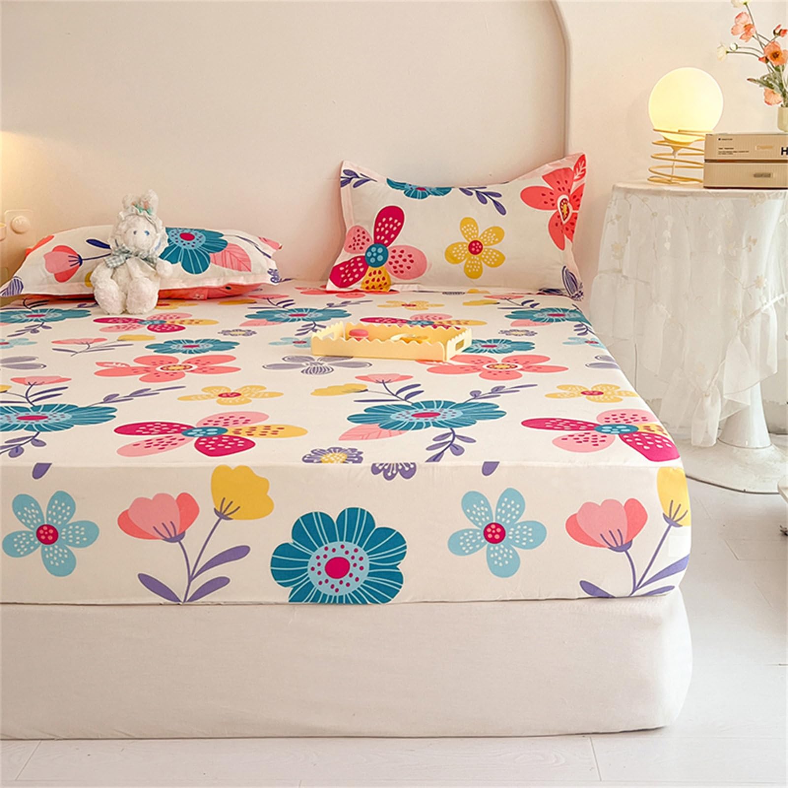 Surwin King Double Single Fitted Sheets, Soft Microfibre Fitted Bed Sheets, Fade Resistant Deep Pocket Fitted Sheet, Cartoon Prints Bedsheets (Single,Colorful flowers) — image 1
